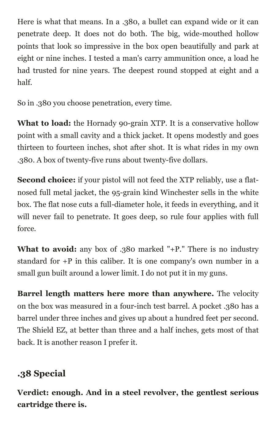 Book page: the .380 ACP section, with what to load, the second choice and what to avoid