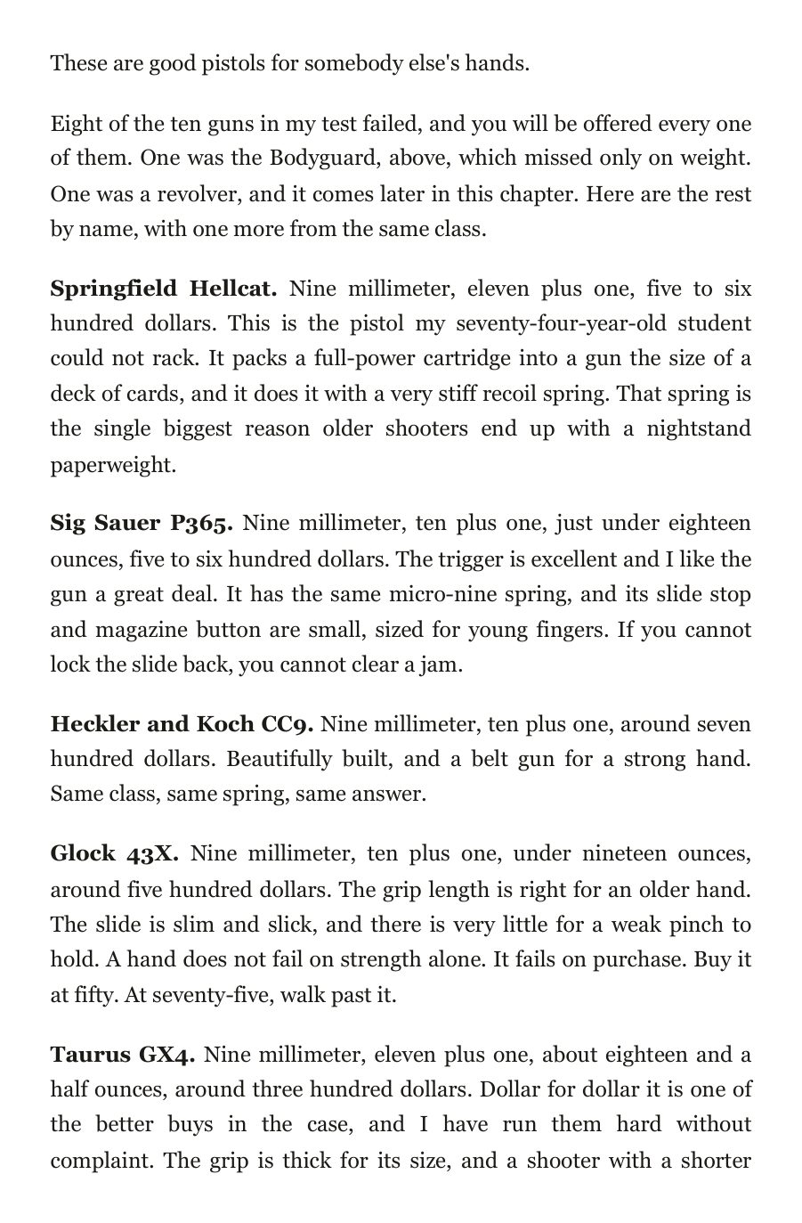 Book page: the semi-automatics Ray walks past, with the Springfield Hellcat, Sig Sauer P365, Heckler and Koch CC9, Glock 43X and Taurus GX4